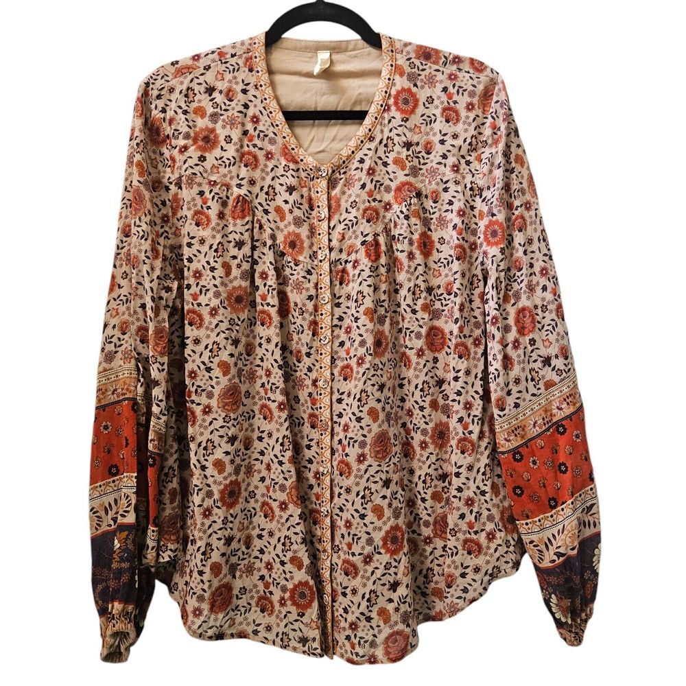 Spell Lady Untamed Blouse Tea Leaf Elastic Sleeve Cuffs Button Down Size‎ S Top